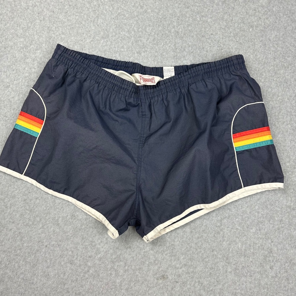 Fourbros Vintage Navy Blue Rainbow Stripe Swim Trunks Mens XL Retro Beach Shorts